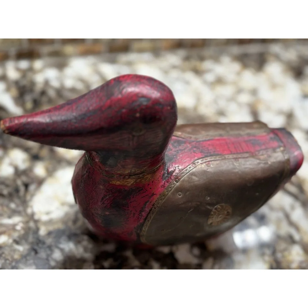 Vintage DUCK Hand Carved Wooden Copper figurine 5 1/2 H 8' L
